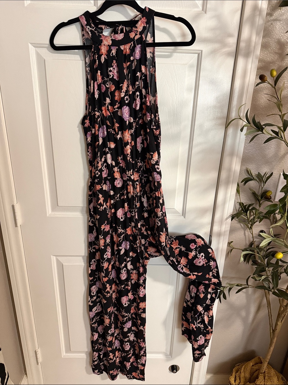Women's Floral Halter Jumpsuit in Black with Pastel Flowers